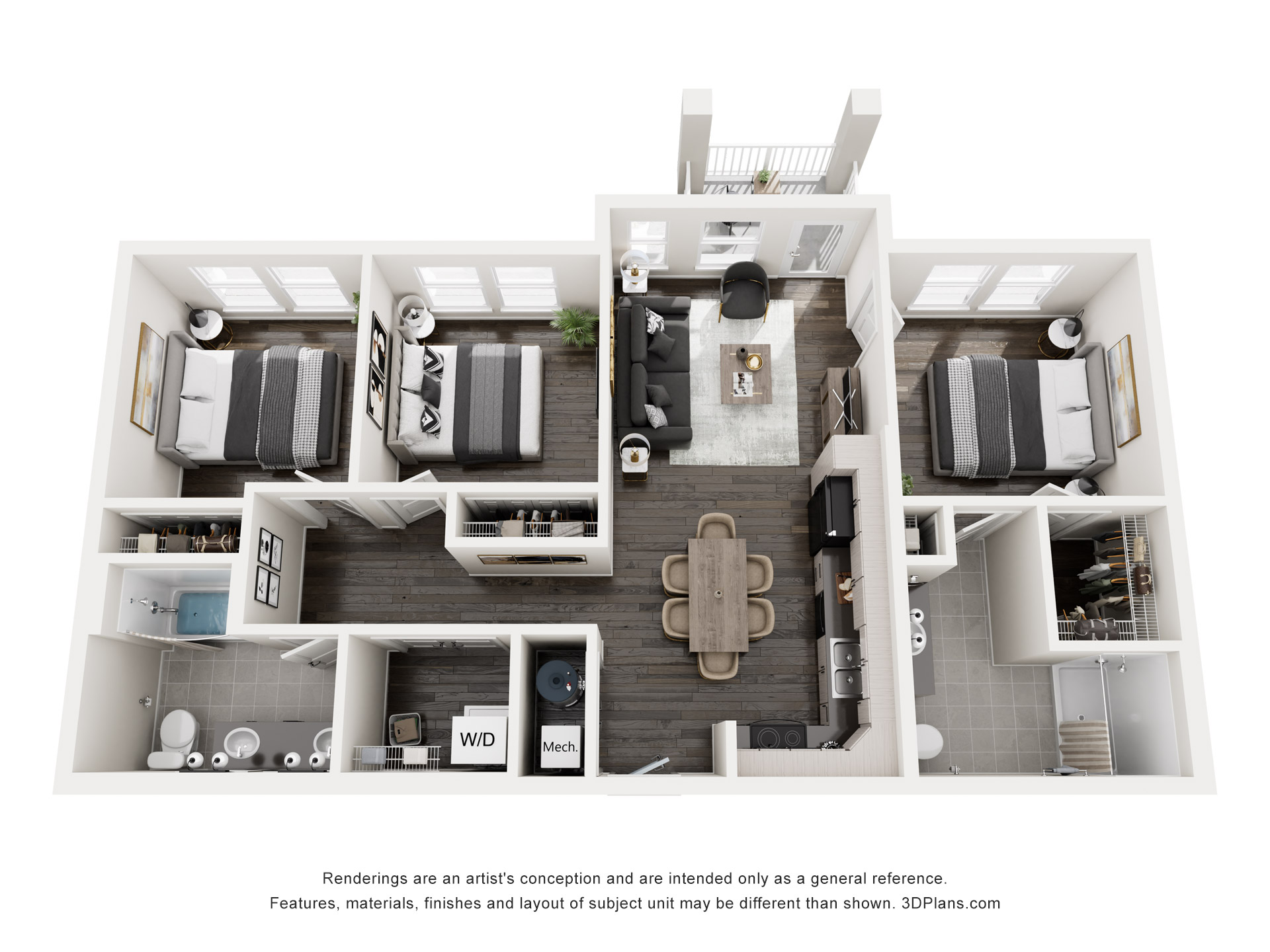 Floor plan for 3 beds, 2 baths, 1112 sqft